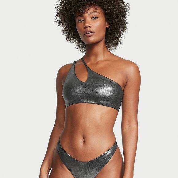 VICTORIA'S SECRET One Shoulder Cut Out High Waist Bikini Set Silver Foil L XL - Picture 1 of 13